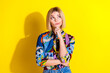 © deagreez - Photo portrait of pretty young girl look minded skeptical empty space wear trendy colorful outfit isolated on yellow color background