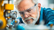 © VERTEX SPACE - A focused engineer examines machinery with precision, wearing safety goggles and blue shirt. His intense expression reflects dedication to his work in technical environment