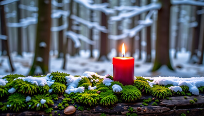 Wall Mural - Candle on a Mossy Log - A vibrant red candle in a lush forest with light snow. background copyspace