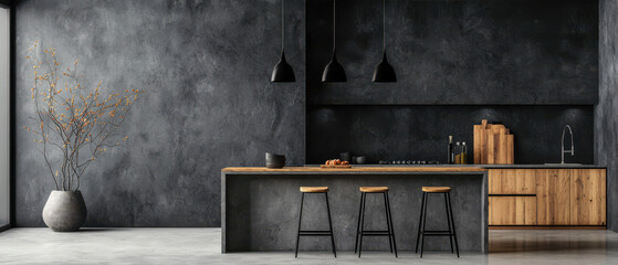 Wall Mural - Stylish open concept kitchen with concrete island and wooden accents