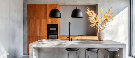 Wall Mural - Stylish open concept kitchen with concrete island and wooden accents