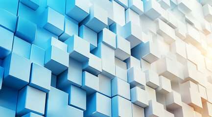 A blue and white wall made of cubes. The blue and white cubes are arranged in a pattern that creates a sense of depth and dimension. 
