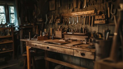 Wall Mural - A detailed woodworking bench with handcrafted creations, Woodworking tools arranged for artisanal craftsmanship, Craftsmanship showcase style