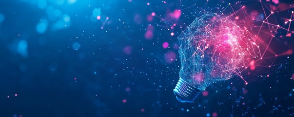 Wall Mural - an electric light bulb of bright polygonal connections on a dark blue background. technological conc