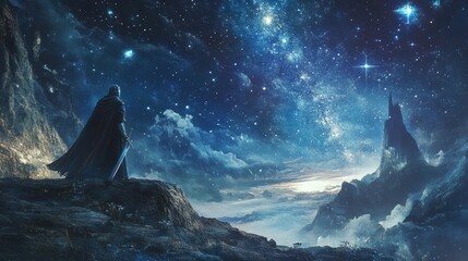A figure stands alone on a rocky terrain, gazing into a vast landscape filled with vibrant blue clouds and a radiant celestial body illuminating the night sky.