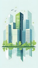 actual illustration vector city landscape with buildings, trees and green hills on blue background f