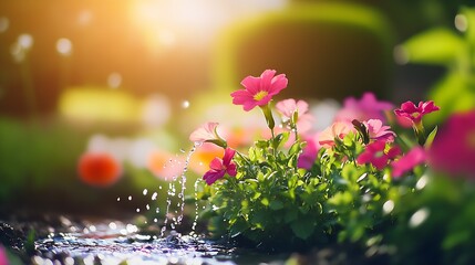 Canvas Print - Serene Garden Setting Sunlight Water Droplets with Colorful Flowers in Bloom : Generative AI