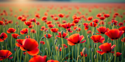 Wall Mural - Poppy Field Dreamscape - A vast field of red poppies swaying in the wind with soft golden light. backdrop background digital art crisp oilpinting minimalist sharp details funny background copyspace