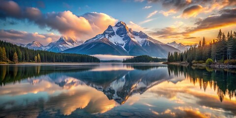 Wall Mural - stunning painting of mountain lake at dawn with snow capped mountain