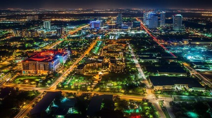 Aerial night view of a vibrant cityscape illuminated by streetlight, stunning, background and buildings.