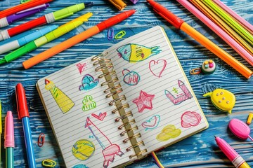 Poster - Colorful sketches in a notebook surrounded by art supplies on a blue wooden table. Generative AI