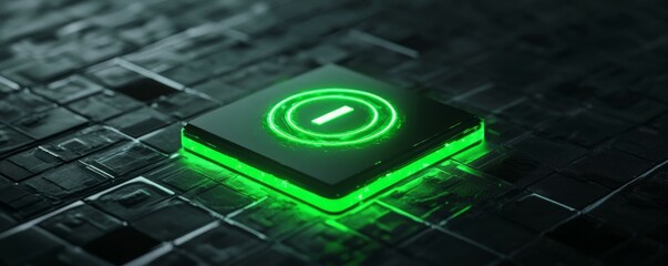 Wall Mural - green neon light info icon. vibrant colored information technology symbol, on a black background wit