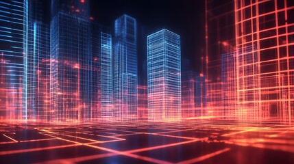 Poster - Cyberpunk Urban Skyline with Neon Lights and Digital Grid Structure : Generative AI