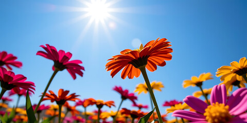 Wall Mural - Zinnia Radiance - Zinnia flowers in a variety of vibrant colors under the bright sun. backdrop background digital art crisp oilpinting minimalist sharp details funny background copyspace