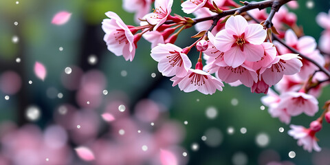 Wall Mural - Cherry Blossom Rain - Soft cherry blossoms raining down in a peaceful spring scene. backdrop background digital art crisp oilpinting minimalist sharp details funny background copyspace