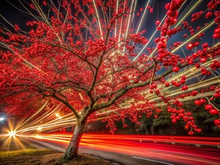 Wall Mural - Long Exposure Red Berry Dogwood Tree Photography, Stunning Night Nature Scene, Artistic Light Trails, Vibrant Autumn Colors, Mystical Forest