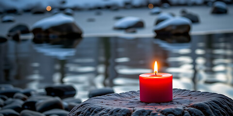 Wall Mural - Red Candle on a Riverbank Rock - Reflecting on the frozen water surface. backdrop background digital art crisp oilpinting minimalist sharp details funny background copyspace