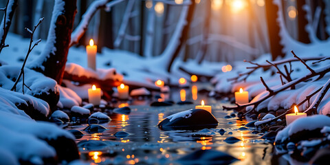 Wall Mural - Forest Stream with Candle Reflections - A tranquil winter moment. backdrop background digital art crisp oilpinting minimalist sharp details funny background copyspace