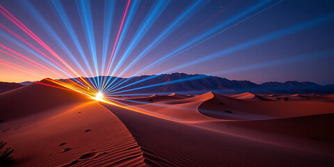 Wall Mural - Desert Light Show - Laser patterns lighting up the dunes. backdrop background digital art crisp oilpinting minimalist sharp details funny background copyspace