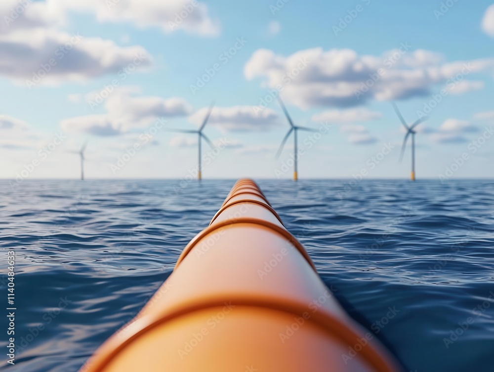 ภาพประกอบ Stock Offshore wind farm with transmission cables running to ...