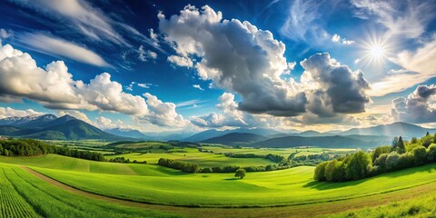 Wall Mural - summer landscape with green fields, mountains, and fluffy clouds