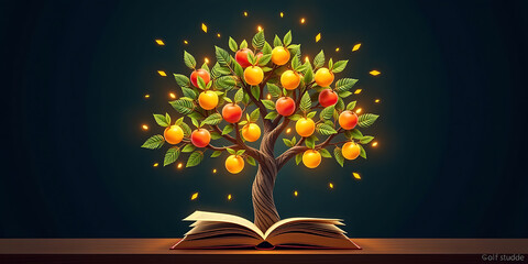 Wall Mural - Knowledge Tree - A glowing tree with books and digital tools growing as its fruits. backdrop background digital art crisp oilpinting minimalist sharp details funny background copyspace