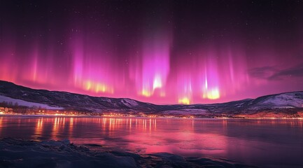 Wall Mural - Majestic purple aurora lights dance over icy mountains by serene lake at night