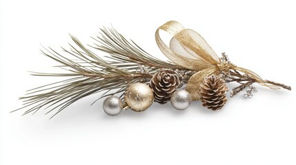 Wall Mural - Elegant Christmas Arrangement with Pine Branches, Gold Ribbon, Pinecones, and Silver Ornaments for Festive Holiday Decorations and Celebrations