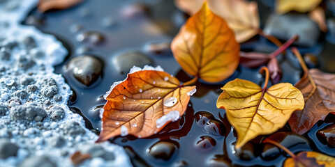 Wall Mural - Frozen Leaves on a Stream Bed - Highlighting their intricate details. backdrop background digital art crisp oilpinting minimalist sharp details funny background copyspace