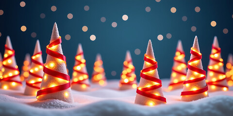 Wall Mural - Christmas Ribbon Forest - Trees wrapped in glowing festive ribbons. backdrop background digital art crisp oilpinting minimalist sharp details funny background copyspace