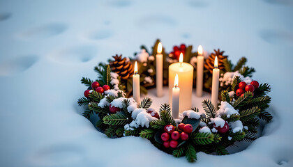 Advent Wreath in a Snowy Clearing - A natural wreath with lit candles surrounded by untouched snow. background copyspace