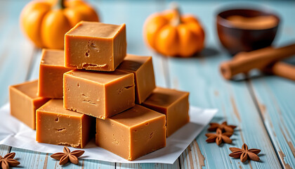 Pumpkin Spice Fudge - A rich fudge made with pumpkin puree cinnamon and a touch of nutmeg. background copyspace