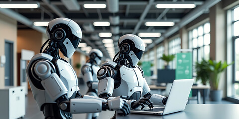 Wall Mural - Digital Workforce - Robots and humans collaborating in an open harmonious workspace. backdrop background digital art crisp oilpinting minimalist sharp details funny background copyspace