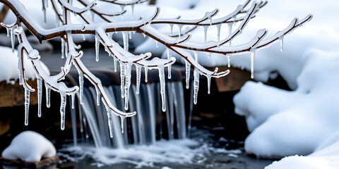 Wall Mural - Frozen Branches Over a Small Waterfall - Nature in its frozen glory. backdrop background digital art crisp oilpinting minimalist sharp details funny background copyspace