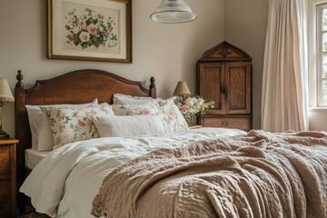 Wall Mural - Cozy bedroom with natural light and floral decor in a serene setting