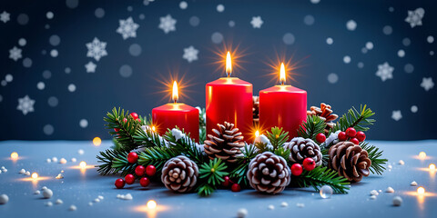Wall Mural - Advent Wreath with Twinkling Snowflakes - A wreath adorned with snow-dusted pinecones and glowing candles. backdrop background digital art crisp oilpinting minimalist sharp details funny background 