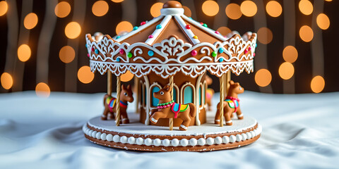 Wall Mural - Gingerbread Carousel - A carousel made entirely of gingerbread animals. backdrop background digital art crisp oilpinting minimalist sharp details funny background copyspace