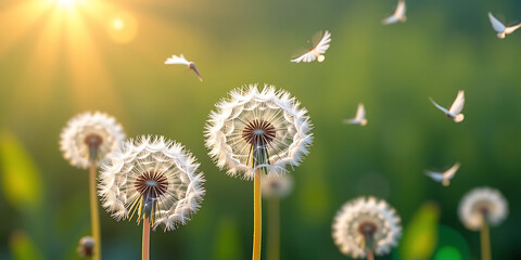 Wall Mural - Dandelion Wishes - Dandelion seeds floating in the air carried by the wind as people make wishes. backdrop background digital art crisp oilpinting minimalist sharp details funny background copyspace