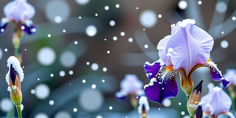 Wall Mural - Snowy Iris - Iris flowers dusted with snow creating a magical winter scene. backdrop background digital art crisp oilpinting minimalist sharp details funny background copyspace