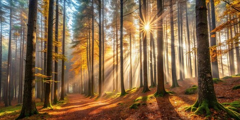  Sunlight filtering through trees in foggy forest