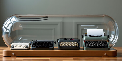 Wall Mural - Time Capsule of Business Evolution - Layers showing the transition from typewriters to VR business tools. backdrop background digital art crisp oilpinting minimalist sharp details funny background c
