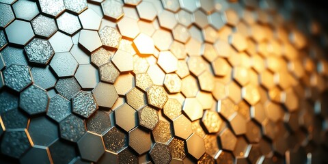 Wall Mural - abstract metallic hexagon pattern background with golden highlights