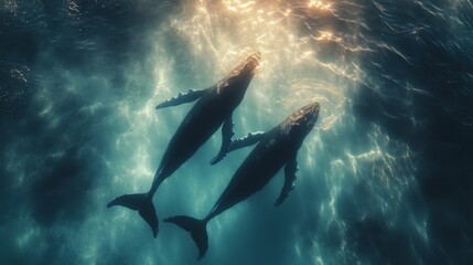 Wall Mural - Two graceful whales swimming together in peaceful ocean waters during daylight