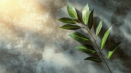 Poster - Sunlit green branch on textured surface.