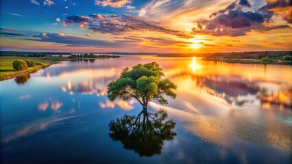 Wall Mural - sunset over lake with tree in middle, high angle view