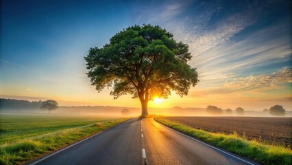 Wall Mural - sunset over road under tree