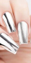 Metallic silver chrome nails closeup with rhinestone accents, vertical background