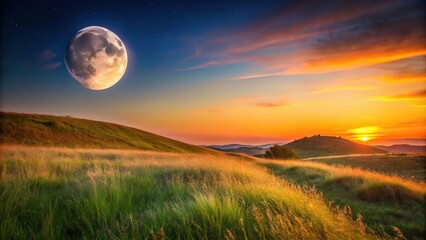 Wall Mural - sunset with moon and grass field in foreground hill in background