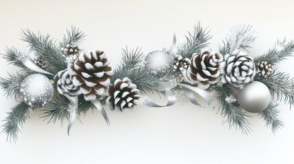 Wall Mural - Elegant Winter Garland with Snowy Pinecones, Silver Ornaments, and Greenery for a Stylish Holiday Decoration or Festive Table Centerpiece