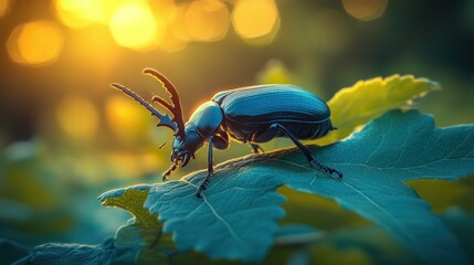 Poster - Sunset, beetle on leaf, macro.